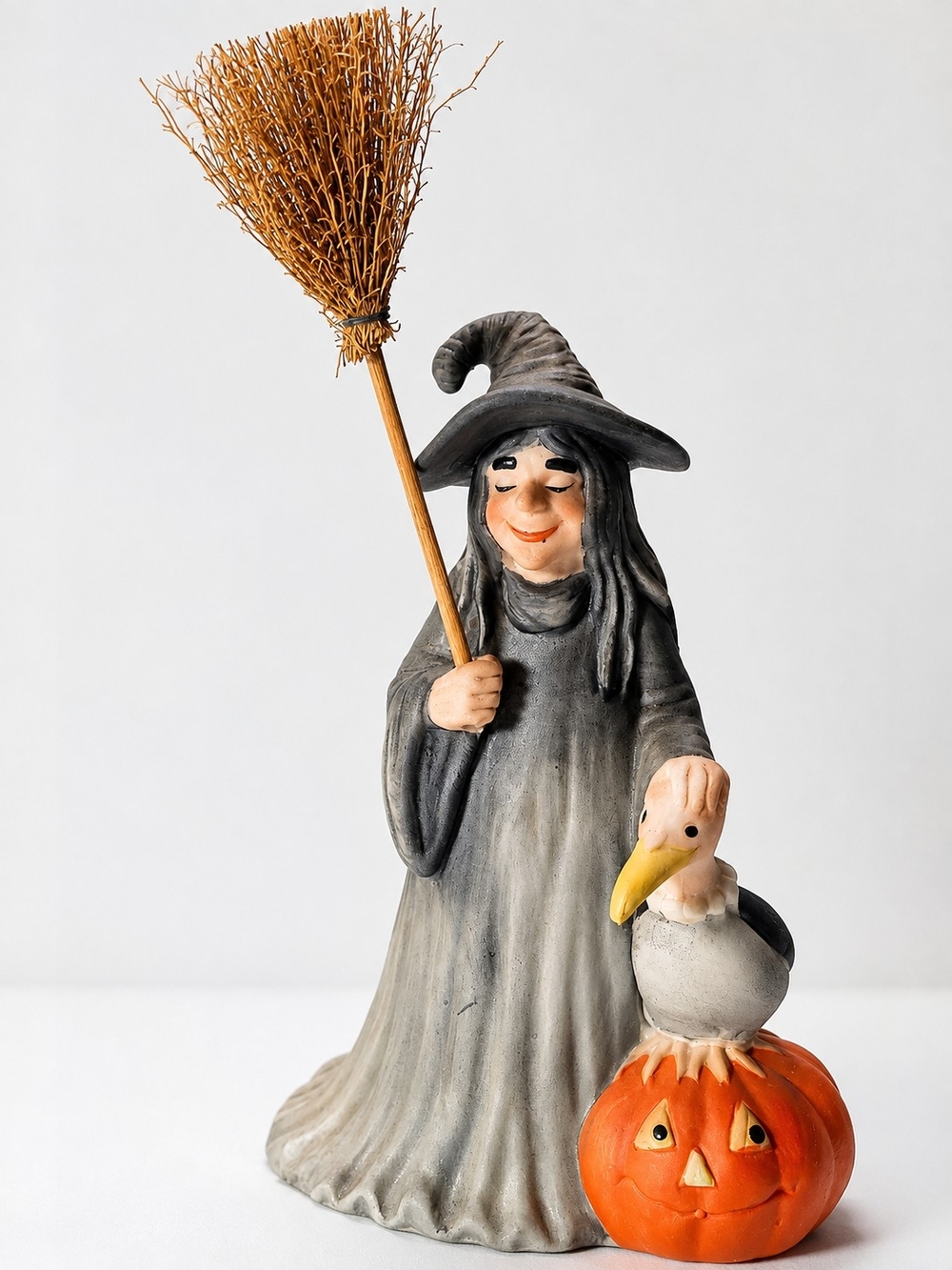 Vintage Porcelain Halloween Witch W/Broom Pet Vulture Pumpkin Figurine